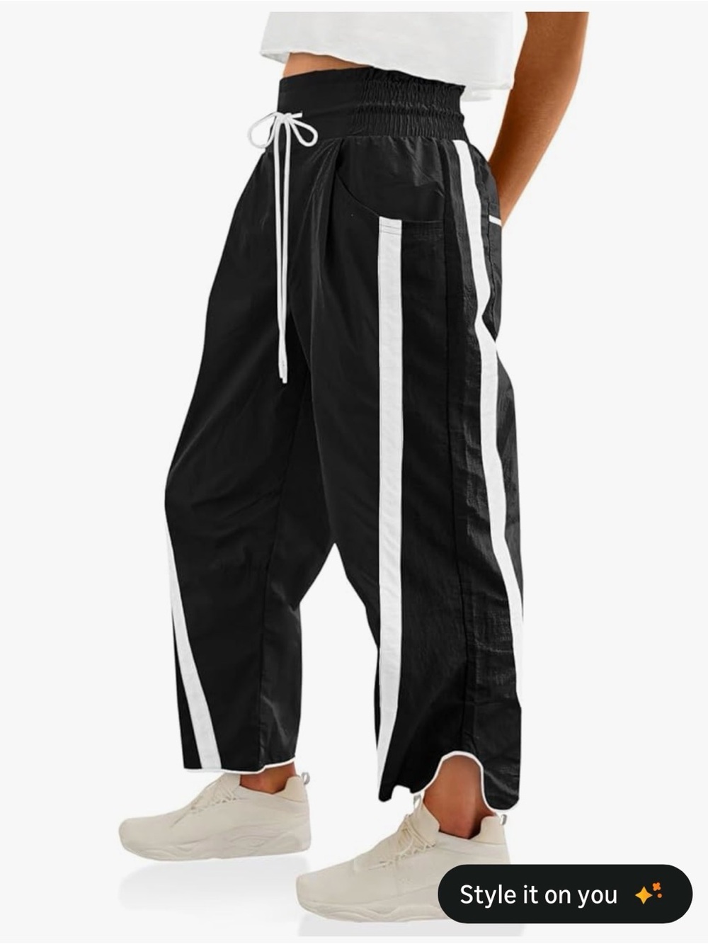 Black Wide-Leg Track Pants with White Side Stripes